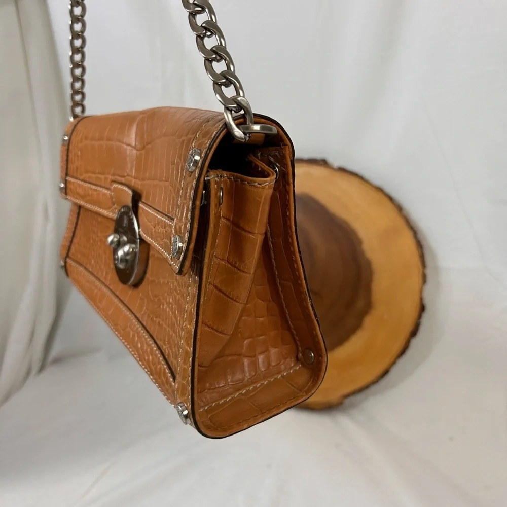 Cognac Croc-Embossed Leather Shoulder Bag with Silver Chain
